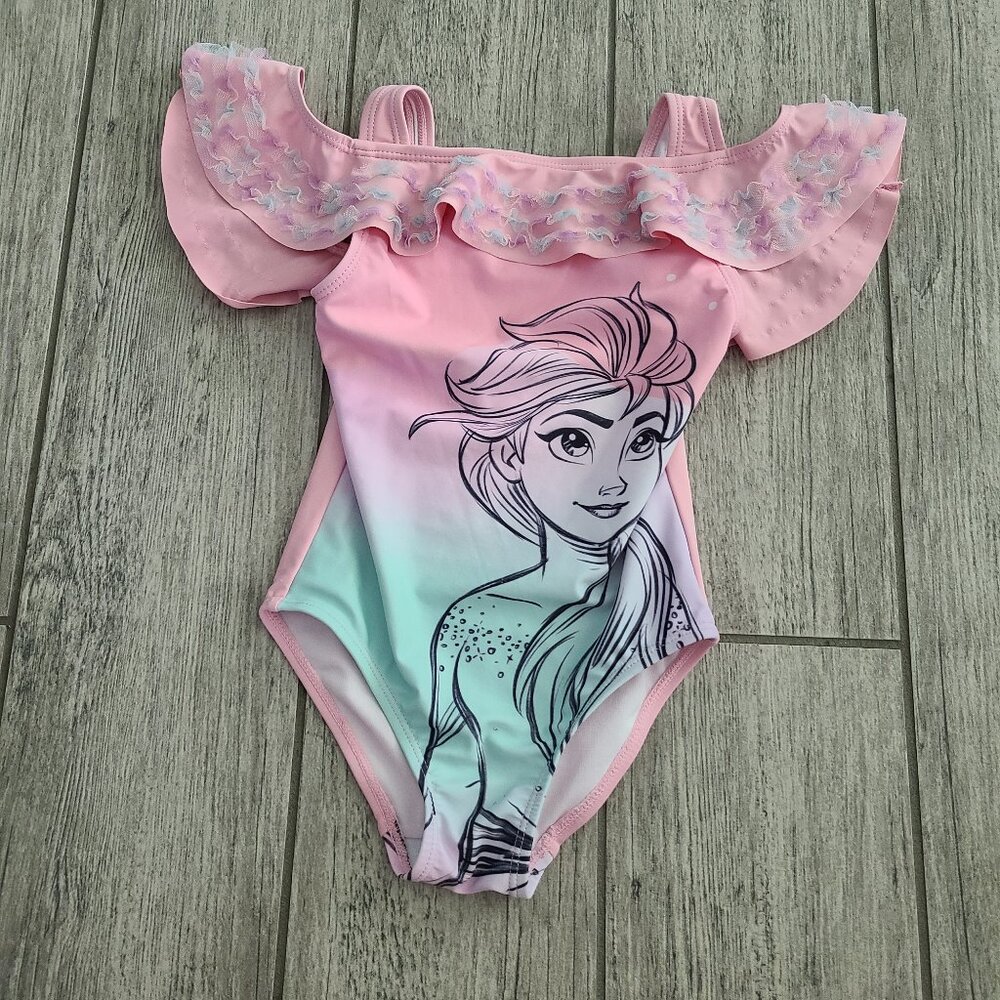 Disney Frozen Elsa Ruffle Off-Shoulder Swimsuit Pink/Mint Girls Size 4
